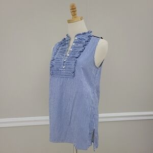 J Crew  Blue Striped Ruffle Sleeveless Top